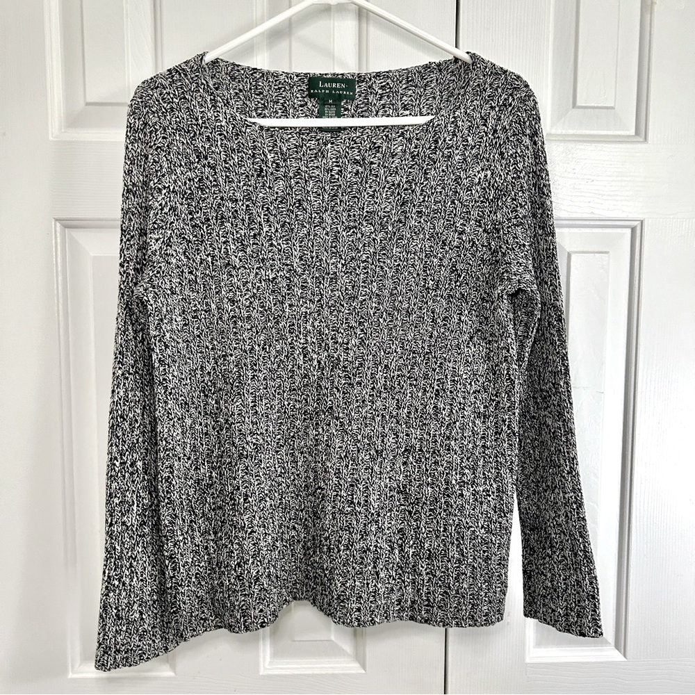 Lauren Ralph Lauren Silk & Linen Black & White Speckle Boat Neck Sweater Size M
